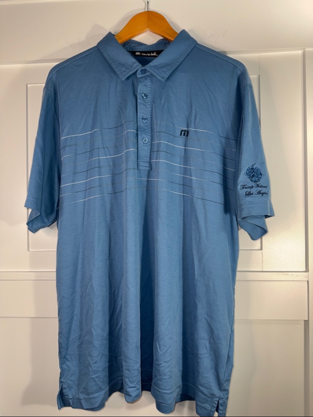 Travis Mathew Light Blue Striped Performance Polo size XXL